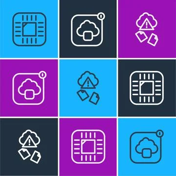 Set line Processor with CPU, Cloud hacking and technology data transfer icon Illustrazione stock