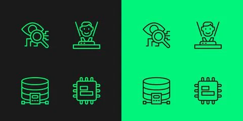 Set line Processor CPU, Cloud database, Eye scan and Hologram icon. Vector Stock Illustration
