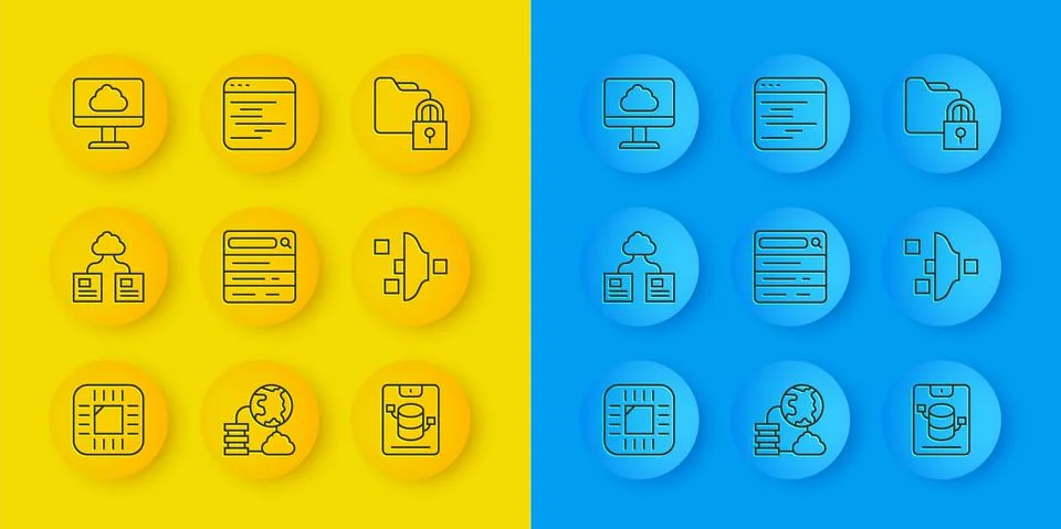 Set line Processor with CPU, Cloud technology data transfer, Search engine Stock Illustration