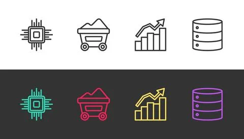 Set line Processor CPU, Coal mine trolley, Financial growth and Server on black Ilustração Stock