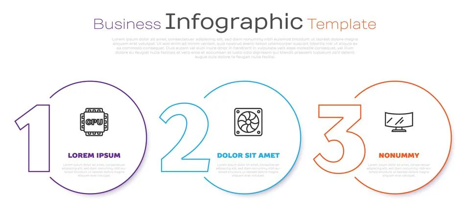Set line Processor with CPU, Computer cooler and monitor screen. Business Illustrazione stock