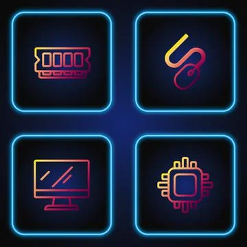 Set line Processor with CPU, Computer monitor screen, RAM, random access memory Stock Illustration