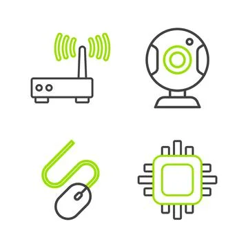 Set line Processor with CPU, Computer mouse, Web camera and Router and wi-fi  Illustrazione stock