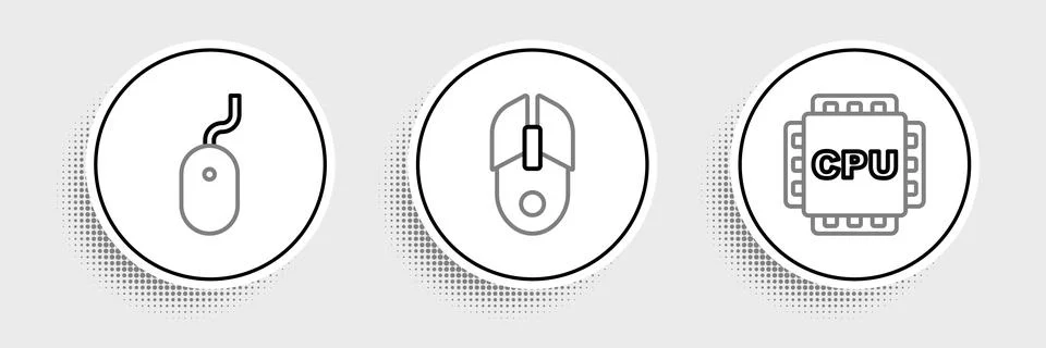 Set line Processor with CPU, Computer mouse and  icon. Vector Stock Illustration
