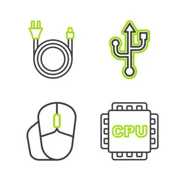 Set line Processor with CPU, Computer mouse, USB and Electric plug icon. Vector イラスト素材