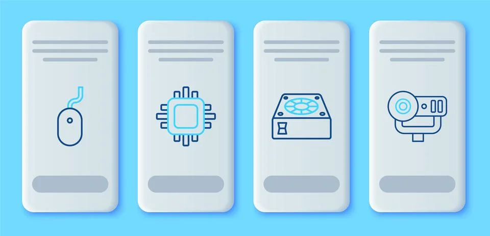 Set line Processor with CPU, Computer cooler, mouse and Web camera icon. Vector Illustrazione stock