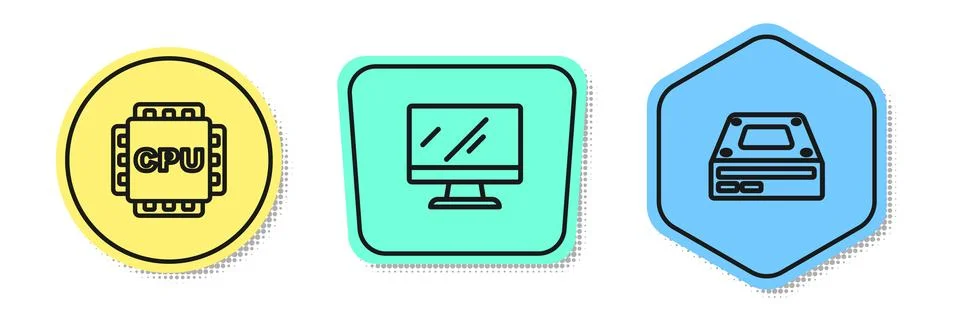Set line Processor with CPU, Computer monitor screen and Optical disc drive イラスト素材