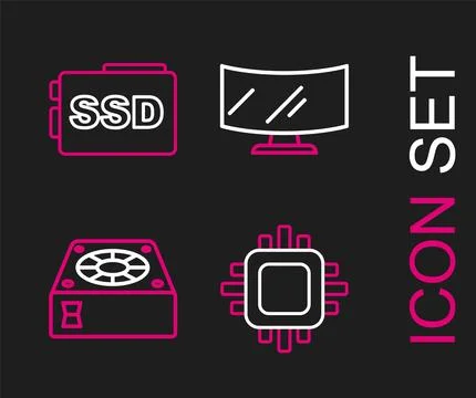 Set line Processor with CPU Computer cooler monitor screen and SSD card icon. Illustrazione stock