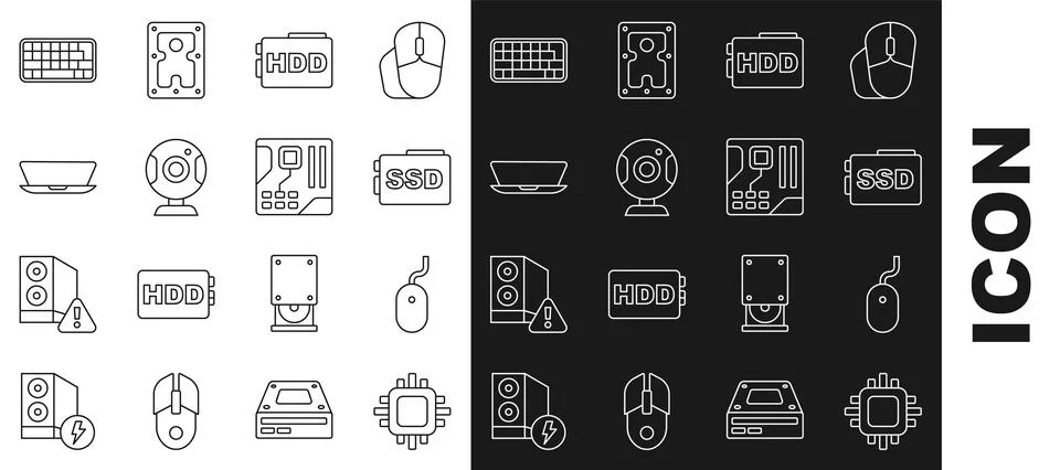 Set line Processor with CPU, Computer mouse, SSD card, Hard disk drive HDD,.. 스톡 일러스트