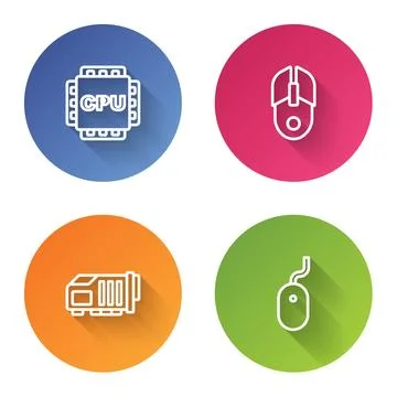 Set line Processor with CPU, Computer mouse, Video graphic card and . Color.. Stock Illustration