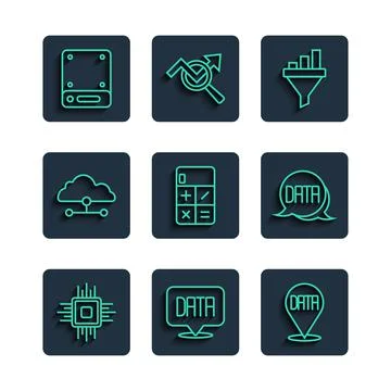 Set line Processor CPU, Data analysis, Sales funnel with chart, Calculator Stock Illustration