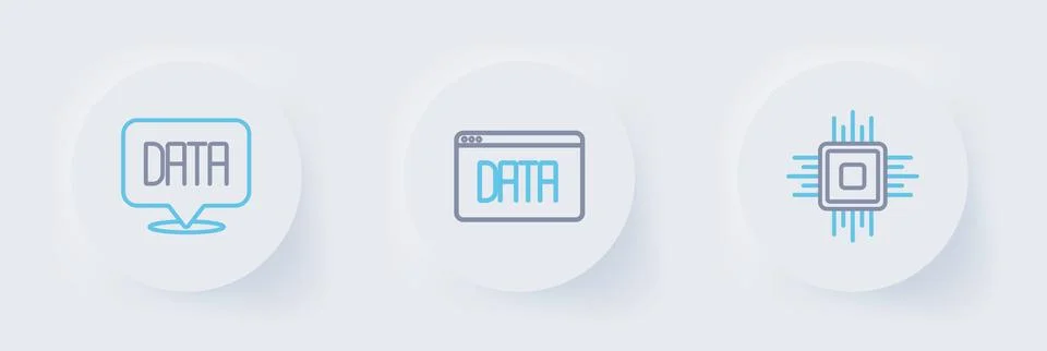 Set line Processor CPU, Data analysis and  icon. Vector Stock Illustration