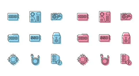 Set line Processor with CPU, Electric plug, Hard disk drive HDD, Case of co.. Illustrazione stock