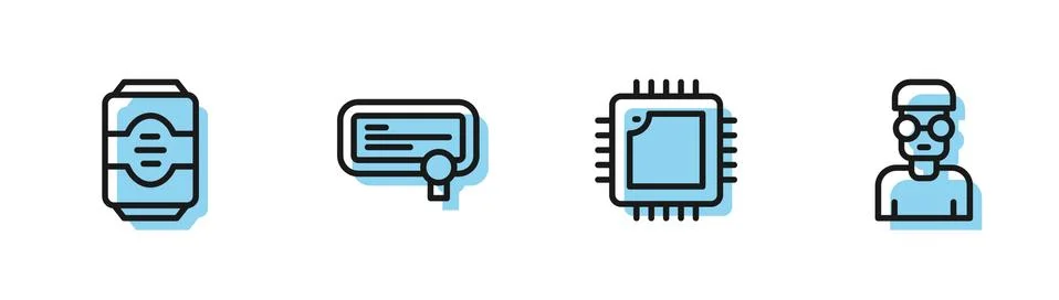 Set line Processor with CPU, Energy drink, Certificate template and Nerd geek Stock Illustration