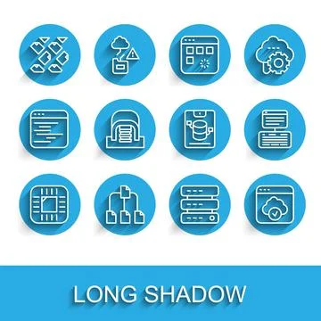 Set line Processor with CPU, Folder tree, Data stream, Server, Data, Web Ho.. Stock Illustration