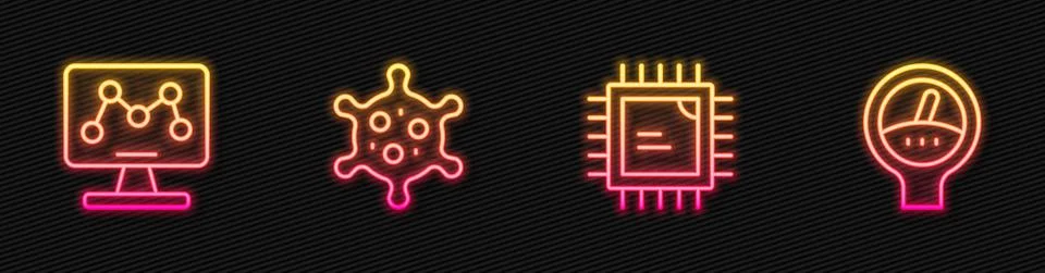 Set line Processor CPU, Genetic engineering, Virus and Gauge scale. Glowing neon Stock Illustration