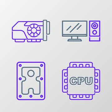 Set line Processor with CPU, Hard disk drive HDD, Computer monitor and Video 스톡 일러스트