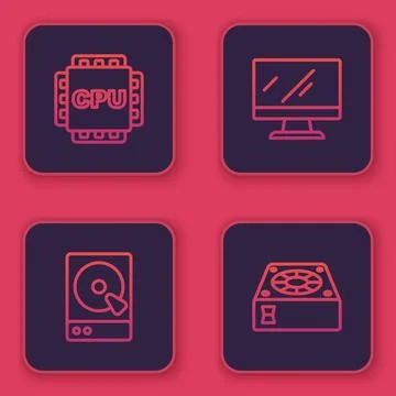 Set line Processor with CPU, Hard disk drive HDD, Computer monitor screen and 스톡 일러스트