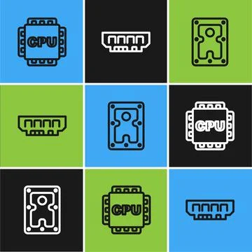 Set line Processor with CPU, Hard disk drive HDD and RAM, random access memory Stock Illustration