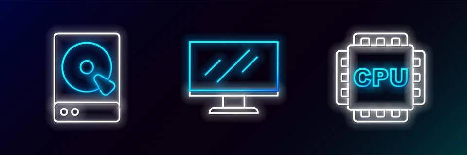 Set line Processor with CPU, Hard disk drive HDD and Computer monitor scree.. 스톡 일러스트