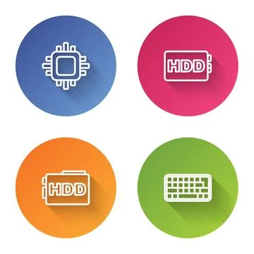 Set line Processor with CPU, Hard disk drive HDD,  and Keyboard. Color circ.. イラスト素材