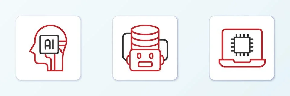 Set line Processor CPU, Humanoid robot and Artificial intelligence icon. Vect Illustrazione stock