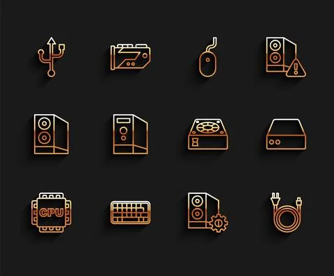 Set line Processor with CPU, Keyboard, USB, Case of computer, Electric plug Stock Illustration