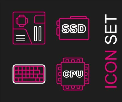 Set line Processor with CPU, Keyboard, SSD card and Motherboard digital chip Illustrazione stock