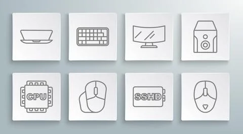 Set line Processor with CPU, Keyboard, Computer mouse, SSHD card, monitor s.. イラスト素材