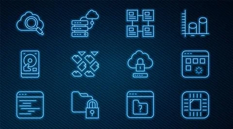 Set line Processor with CPU, Loading data window, Hierarchy organogram char.. Stock Illustration