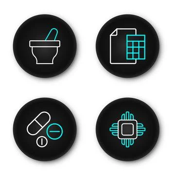 Set line Processor CPU, Medicine pill tablet, Calculator and Mortar and pes.. Stock Illustration