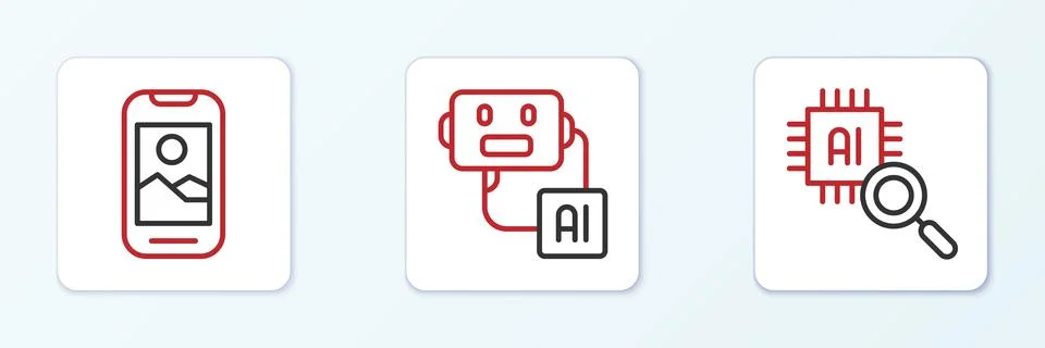 Set line Processor CPU, Mobile phone and Artificial intelligence robot icon.. Illustrazione stock