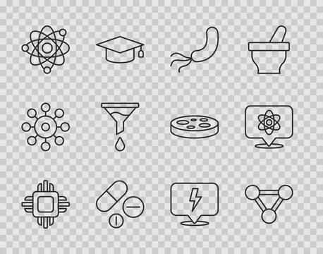 Set line Processor CPU, Molecule, Bacteria, Medicine pill tablet, Atom, Fun.. Stock-Illustration