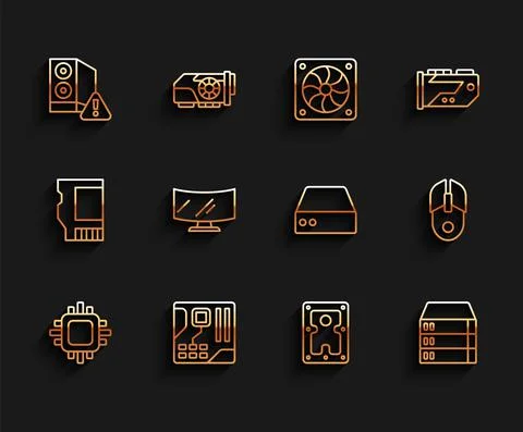 Set line Processor with CPU, Motherboard digital chip, Case of computer, Hard 스톡 일러스트