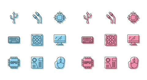 Set line Processor with CPU, Motherboard digital chip, USB, Computer mouse Stockillustratie