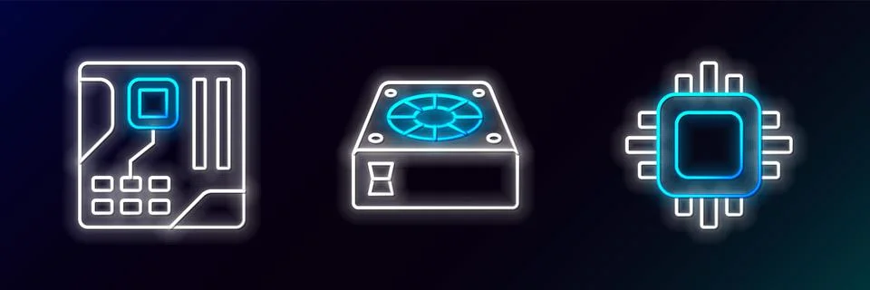 Set line Processor with CPU, Motherboard digital chip and Computer cooler icon 스톡 일러스트