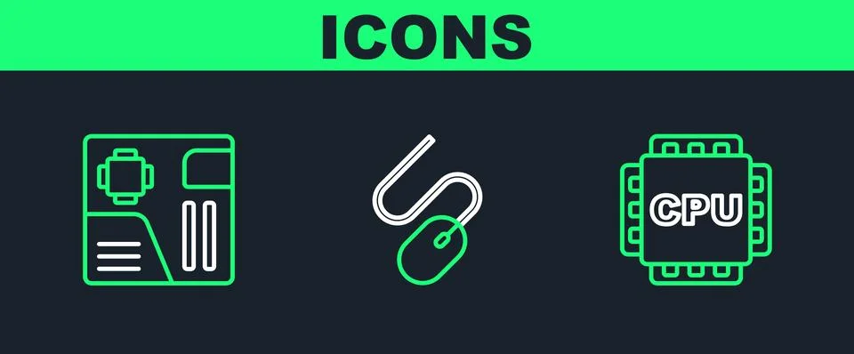 Set line Processor with CPU, Motherboard digital chip and Computer mouse icon Stockillustratie