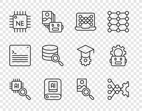 Set line Processor CPU, Neural network, Artificial intelligence AI, Server Illustrazione stock
