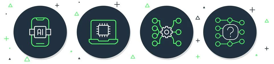 Set line Processor CPU, Neural network, Artificial intelligence AI and  ico.. Illustrazione stock