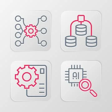 Set line Processor CPU, Neural network, Server, Data and  icon. Vector イラスト素材