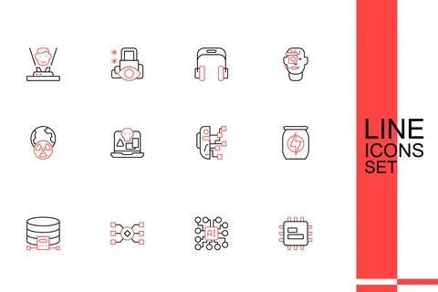 Set line Processor CPU, Neural network, Cloud database, Energy drink, Human.. Illustrazione stock