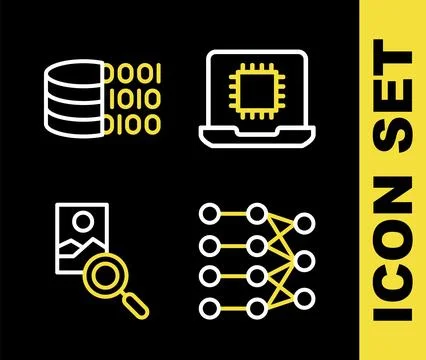 Set line Processor CPU, Neural network, Photo retouching and Binary code ic.. Stock Illustration