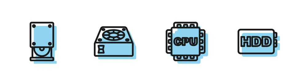 Set line Processor with CPU, Optical disc drive, Computer cooler and Hard disk 스톡 일러스트