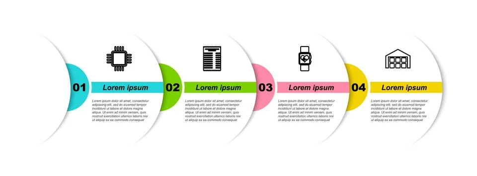 Set line Processor with CPU, Paper financial check, Smart watch heart beat rate Illustrazione stock