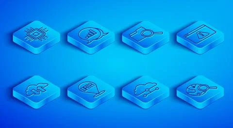 Set line Processor CPU, Pie chart infographic, Search with folder, Data analysis Stock Illustration