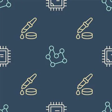 Set line Processor CPU, Pipette and Chemical formula on seamless pattern. V.. 스톡 일러스트