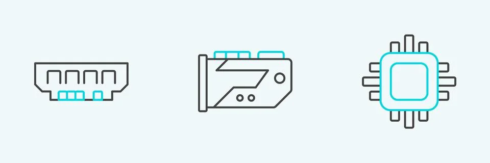 Set line Processor with CPU, RAM, random access memory and Video graphic card Stock Illustration