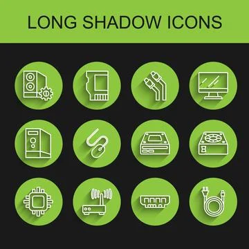 Set line Processor with CPU, Router and wi-fi signal, Case of computer, RAM.. Illustrazione stock