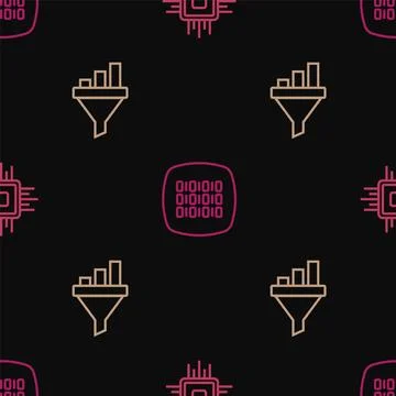 Set line Processor CPU, Sales funnel with chart and Binary code on seamless.. Stock Illustration