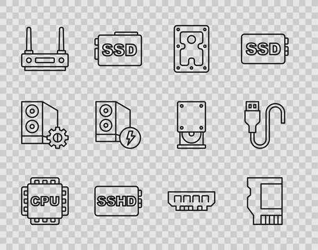 Set line Processor with CPU, SD card, Hard disk drive HDD, SSHD, Router and.. Stock Illustration